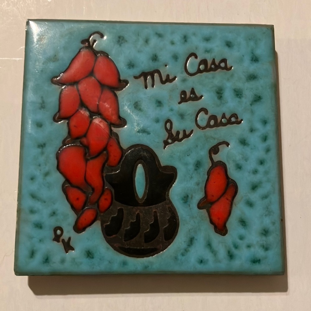 Decorative Teal Tile Coaster with Red Peppers Mi Casa‎ es Su Casa